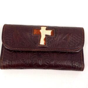 Leather Cross Long Wallet Brown Haircalf Snap Closure Zip Coin Pocket